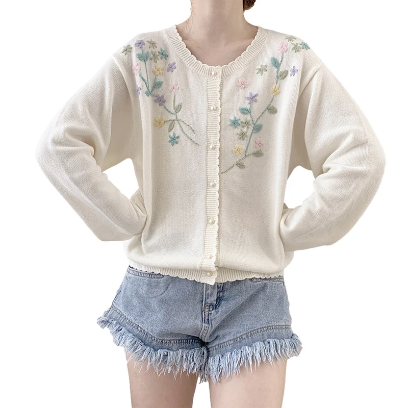 

Vintage Embroidery Cardigan Women Long Sleeve Knitted Sweater 2022 Korean Cute Floral White Crewneck Soft Button Down Tops