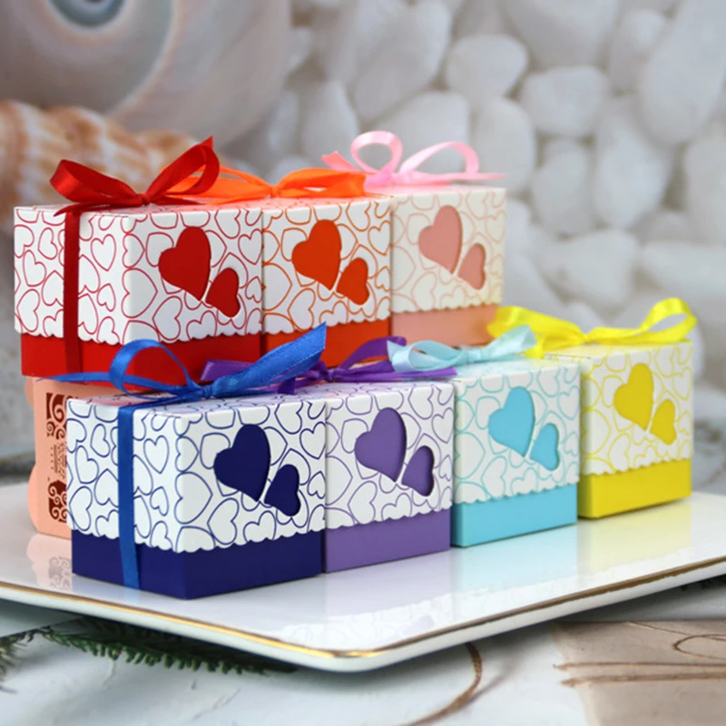 50Pcs Love Heart Candy Boxes With Ribbon Favors Gifts Box Christening Baby Shower Wedding Souvenirs Gifts for Guest Party Supply