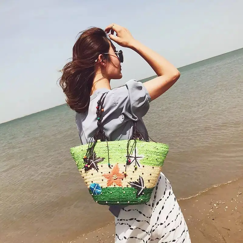 Bohemian Hand-embroidered Starfish Straw Bags Beaded Wicker Woven Women Shoulder Bag Rattan Handbag Summer Beach Large Tote 2021