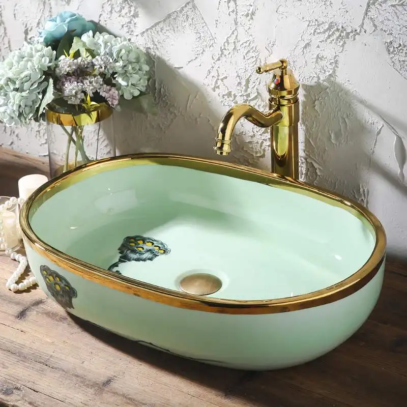 

Bathroom Lavabo Ceramic Counter Top Wash Basin Cloakroom Hand Painted Vessel Sink bathroom sinks washbasin sink oval green