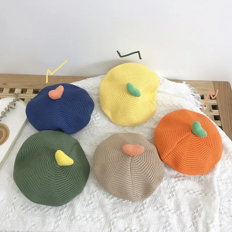 Korean Style Three Dimensional Love Children's Knitted Beret Hat Autumn Winter Baby Pumpkin Hat Artist Painter Hat Woolen Cap