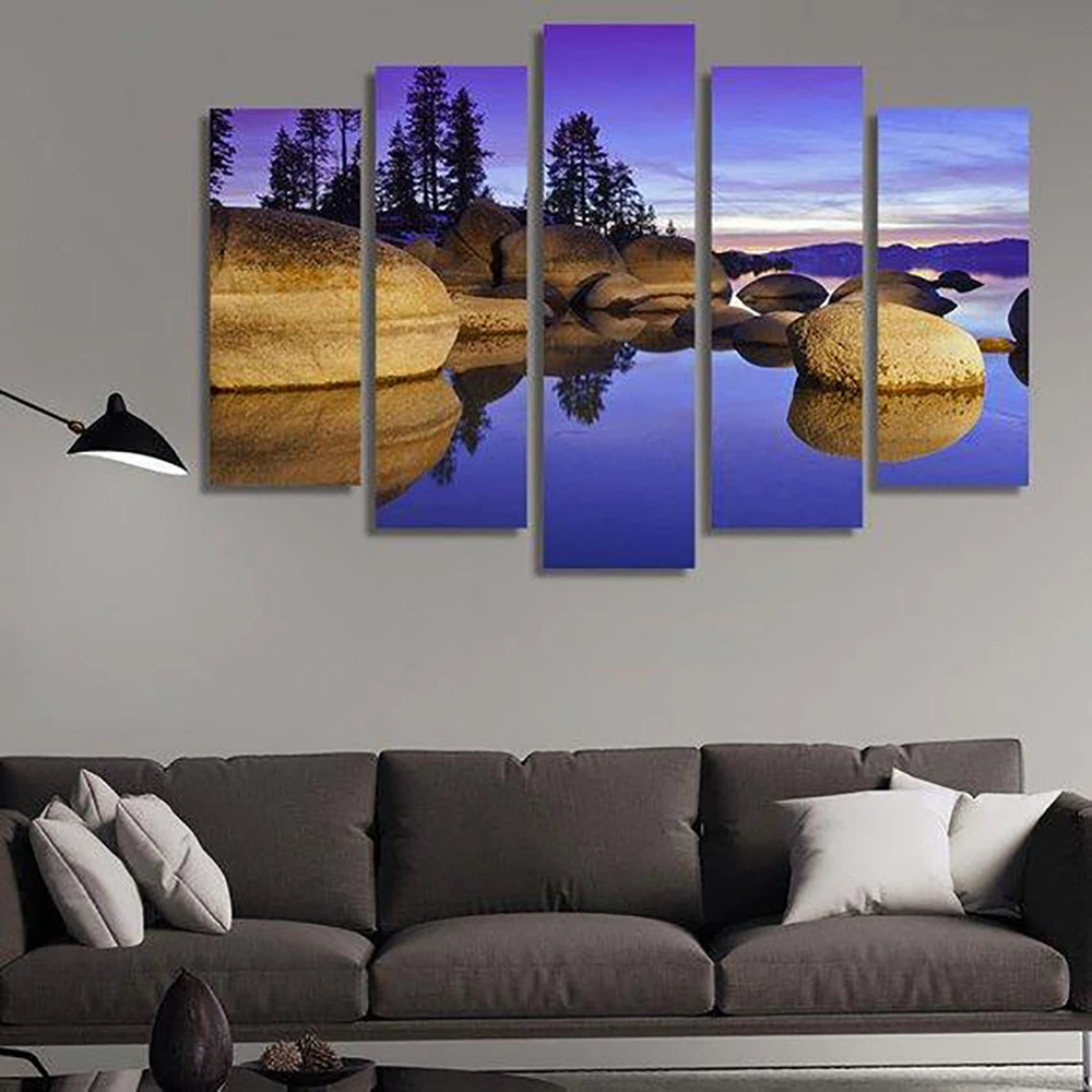 5 Pieces Wall Art Canvas Painting Scenery Poster Lake Tahoe At Sunset Granite Boulders Modern Home Decoration Pictures