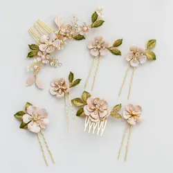 White Enamel Flower Hair Comb Green Leaves Hair Pin Simple Bridal Hair Comb Wedding Hair Accessories