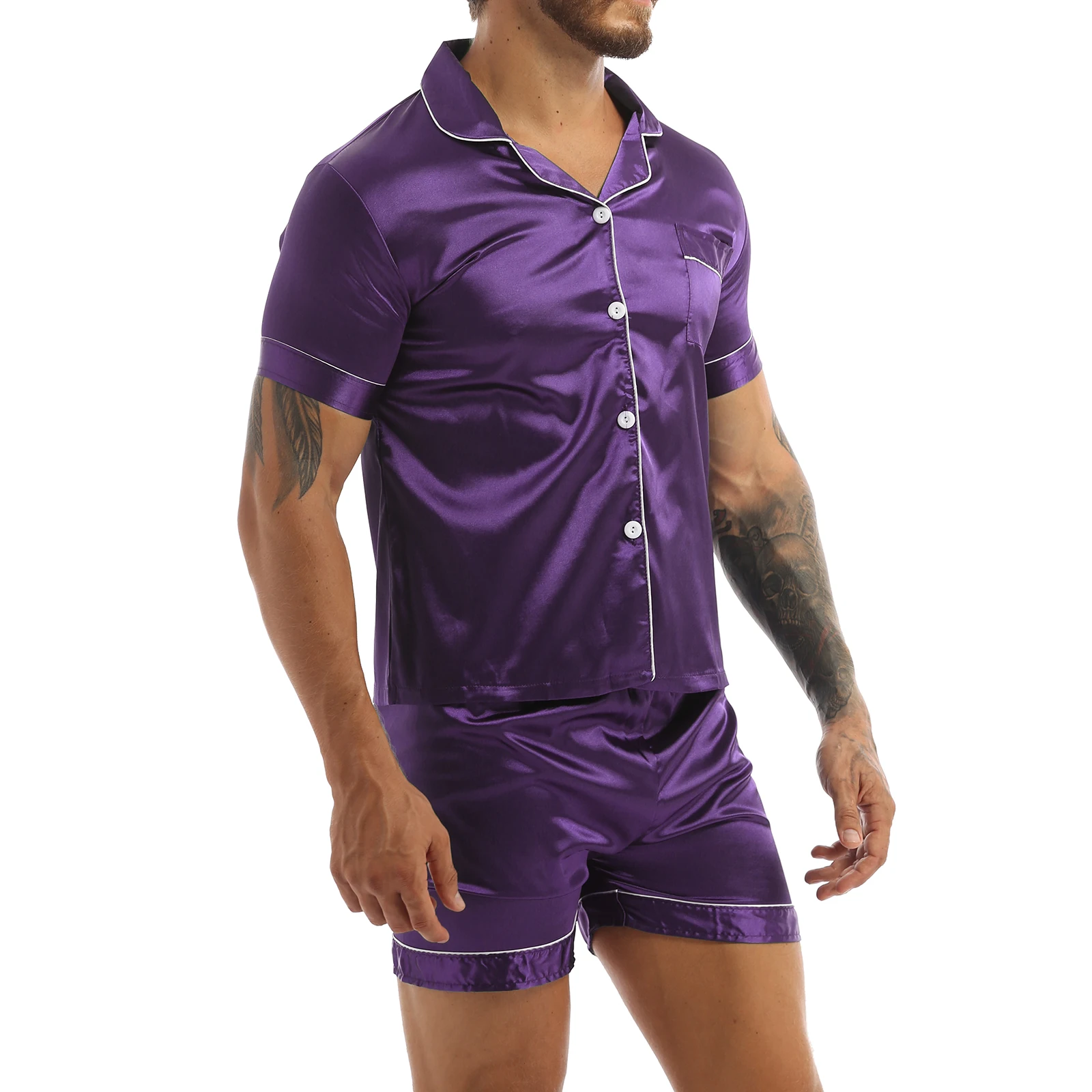 Mens Silky Satin Pajamas Set Sleepwear Nightwear Notch Collar Button Down Shirt Top with Elastic Waist Boxer Shorts