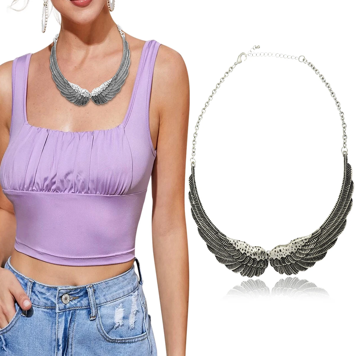 

5.5in Vintage Guardian Angel Wings Collar Bib Necklace For Women Pendant Chain Choker Wedding Tribal Statement Jewelry Gift