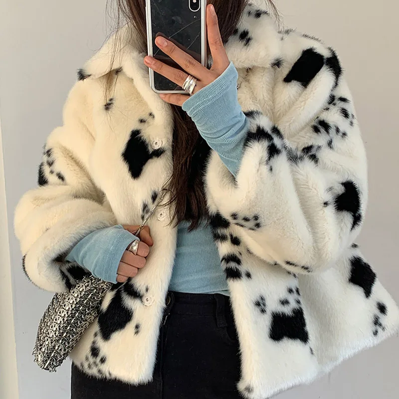 Korean small cow pattern imitation mink fur coat female short thick black and white spotted plush coat