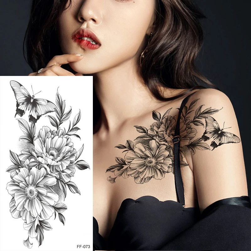 1Pc Schwarz Blume Kunst Körper Wasserdicht Temporäre Tattoos Frauen Kühlen Schlange Schönheit Sexy Rose-Flash Gefälschte Mode Arm Hülse aufkleber