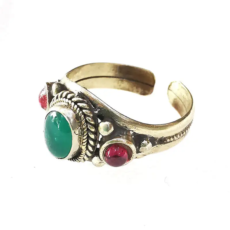 Tibetan Rings Rose Copper Inlaid Multi Glass Beads Open Rings From Nepal Vintage Jewel R146