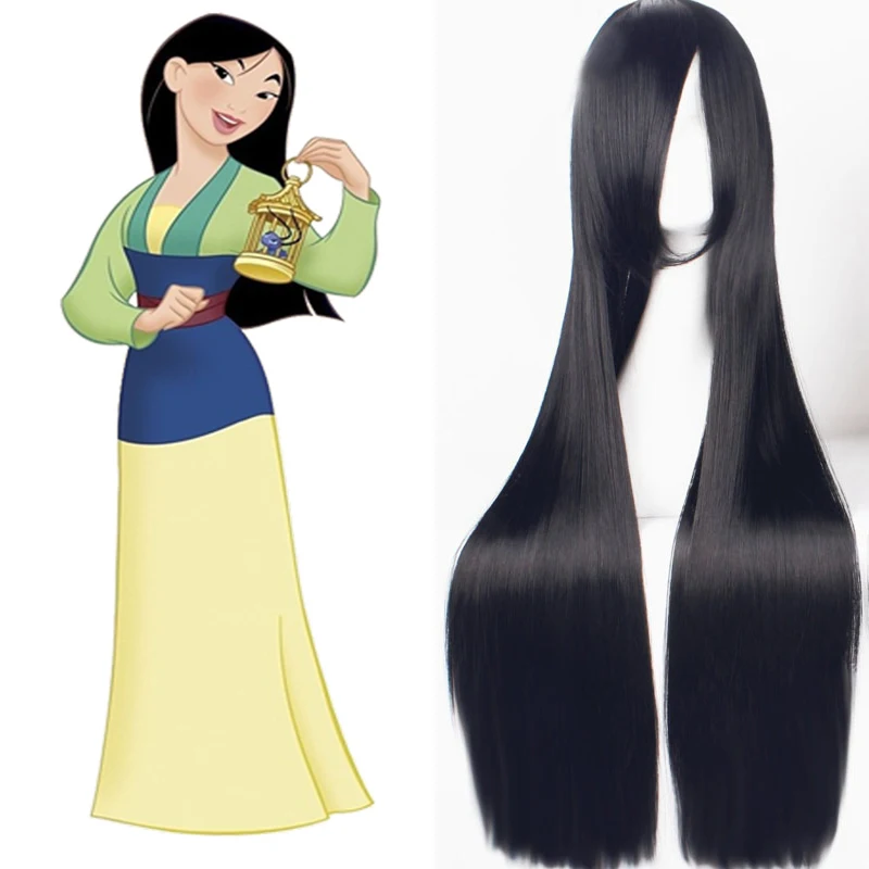 Mulan Cosplay Wig para mulheres, despedida lateral, preto longo, princesa, meninas, resistente ao calor, boné, 32 ", 80cm, 39", 100cm