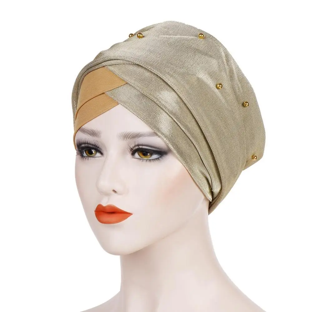 Islamic Headscarf Bonnet Muslim Women Beading Turban Hijab Caps India Africain 3 Pleats Turban Femme Musulman Turbante Mujer