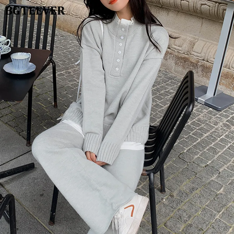 BGTEEVER Stylish Women Knitted Set Full Sleeve Patchwork Pullovers & Wide Leg Trousers Autumn Winter Ladies 2 Pieces Sweater Set