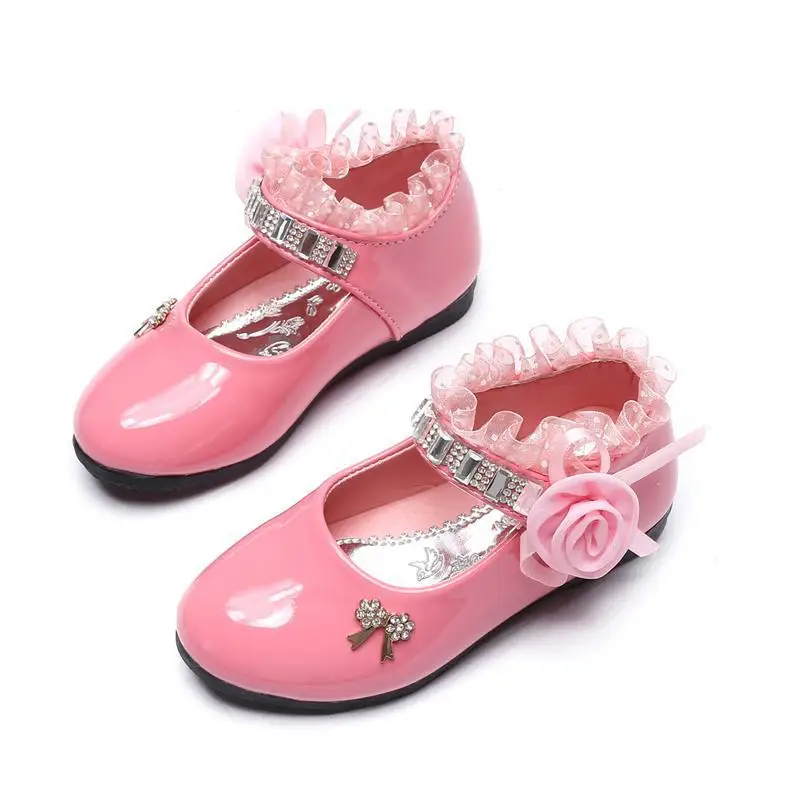 Zapatos de flores para niñas, zapatos de cuero PU con encaje de princesa, bonitos zapatos con lazo y diamantes de imitación para niños de 3 a 11