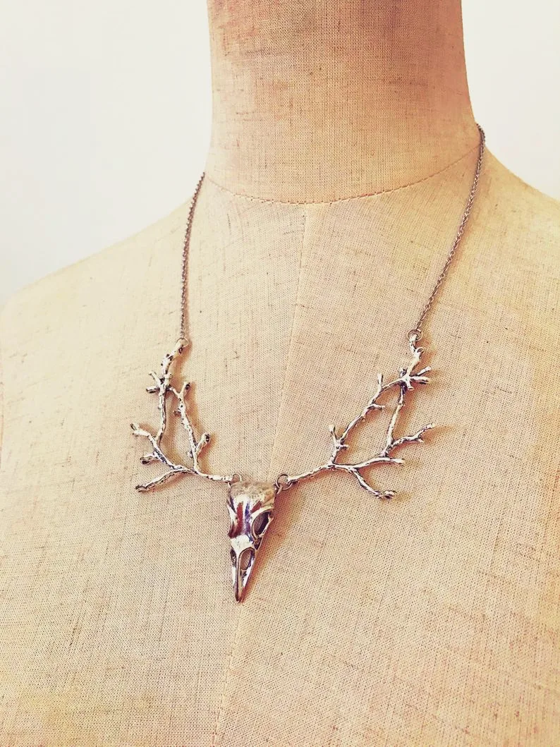 Bird Skull Statement Necklace branch silver color Crow Raven Witch Jewelry Gothic Gifts Choker For Women nature Fashion Pendanls