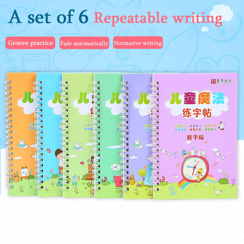 6pcs/set English copybook hand writing round handgroove practice copy English Alphabet word letters auto fades can be reused