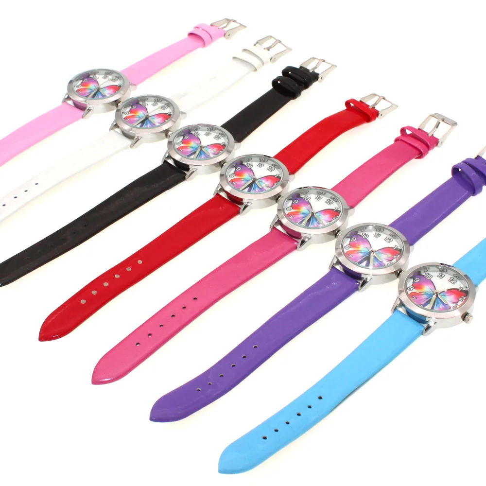 New Colorful Butterly Dial Watch Kids Boy Girl Children Watches Quartz Leather Wristwatch Gifts