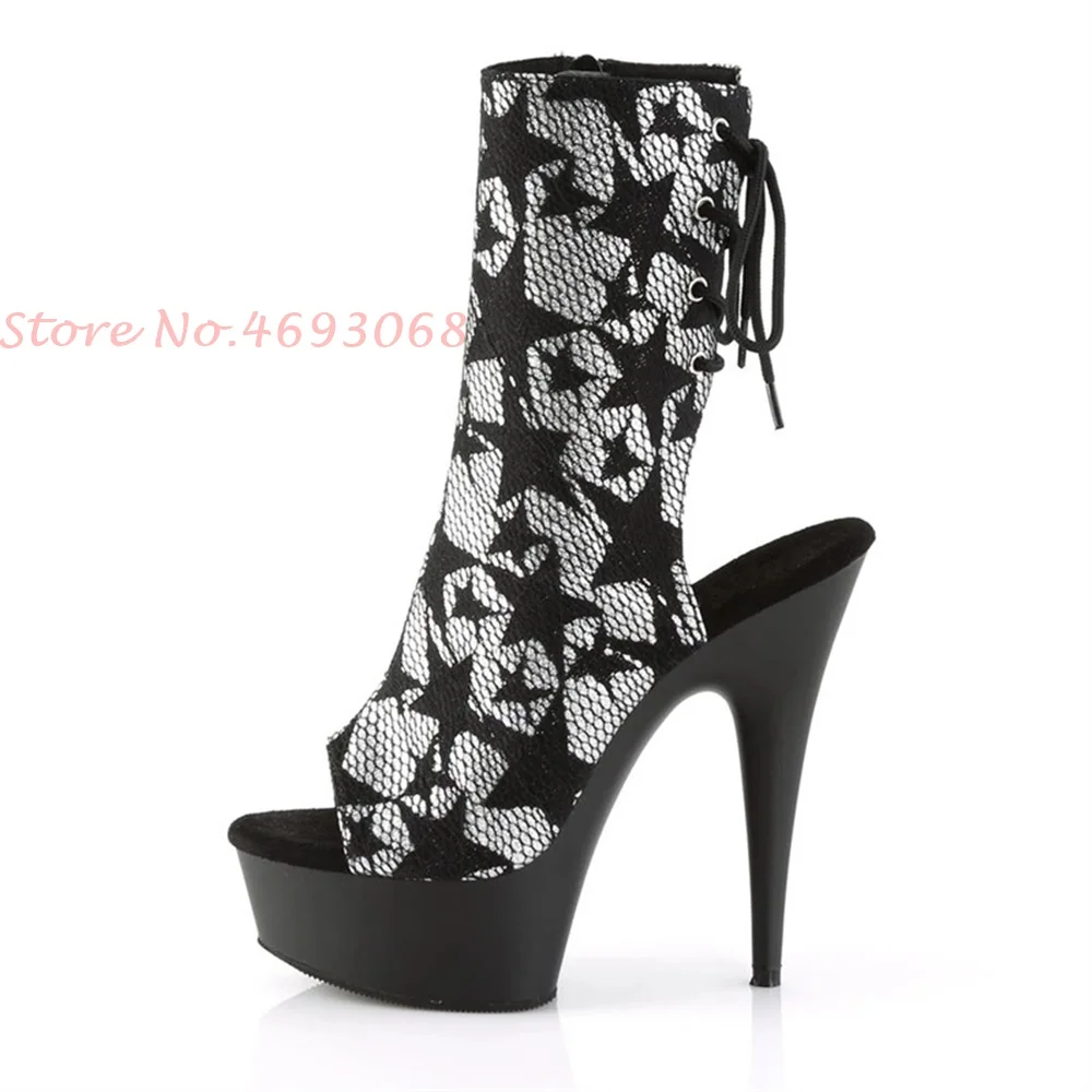 Newest Platform Short Boots Back Lace Hollow Out Peep Toe Star Patent Super High Stiletto Heels Autumn Women Shoes British Style