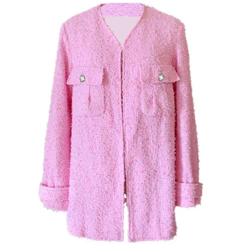 

French style light luxury elegant small fragrance tweed pink jacket women v-neck mid-length loose outwear