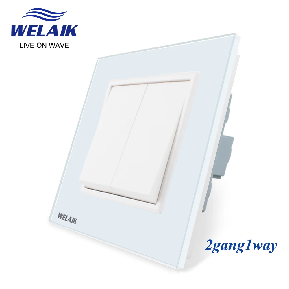 WELAIK Push Button Switch Manufacturer of Wall Light Switch Black White Crystal Glass Panel AC 110-250V 2Gang 1Way A1721W/B