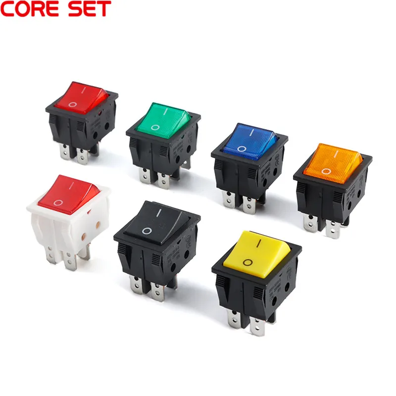 KCD4 Rocker Switches 250VAC Red Green Black Blue LED Light 4P 6P 2Gears White Socket 30A Silver Contact Switch Power Button Cap