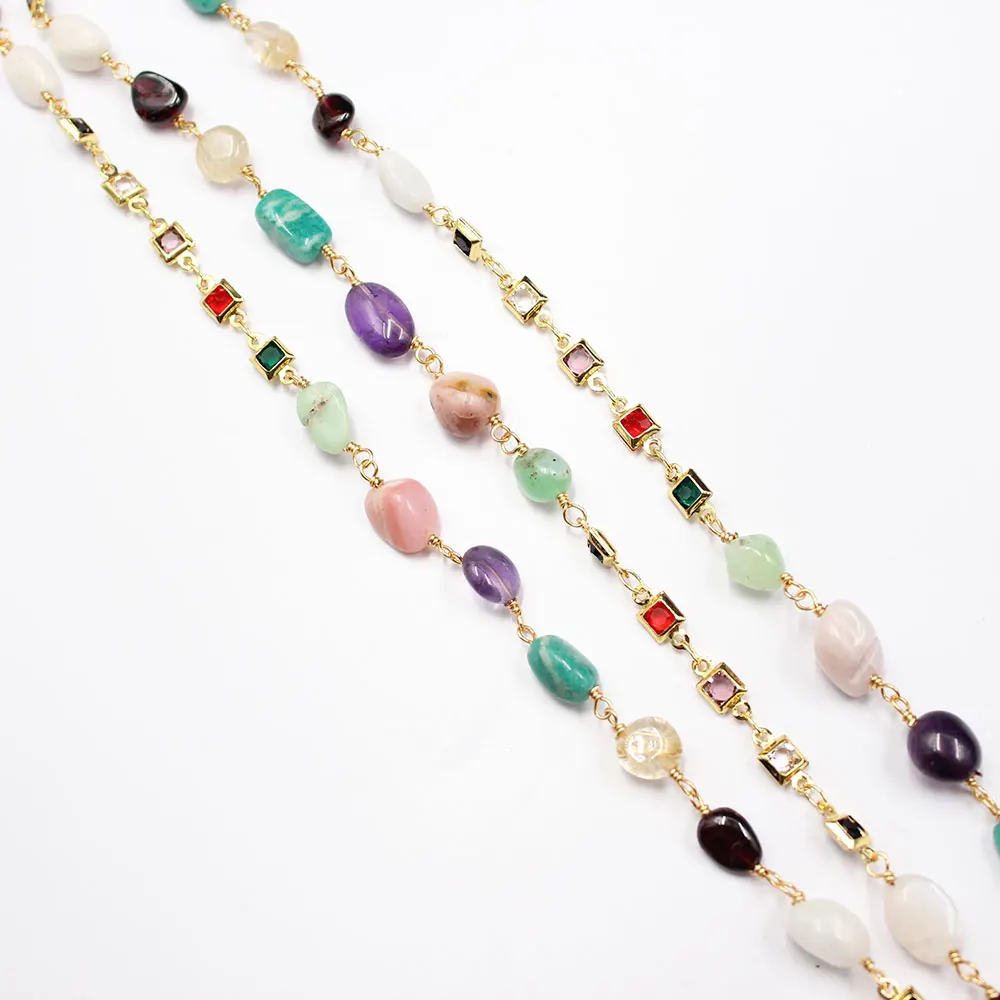 APDGG  1 Meter Natural Amethyst Amazonite Mix Gems Stone Fashion Bezel Set Chain Paperclip Neck Chain Pearl Necklace Making DIY