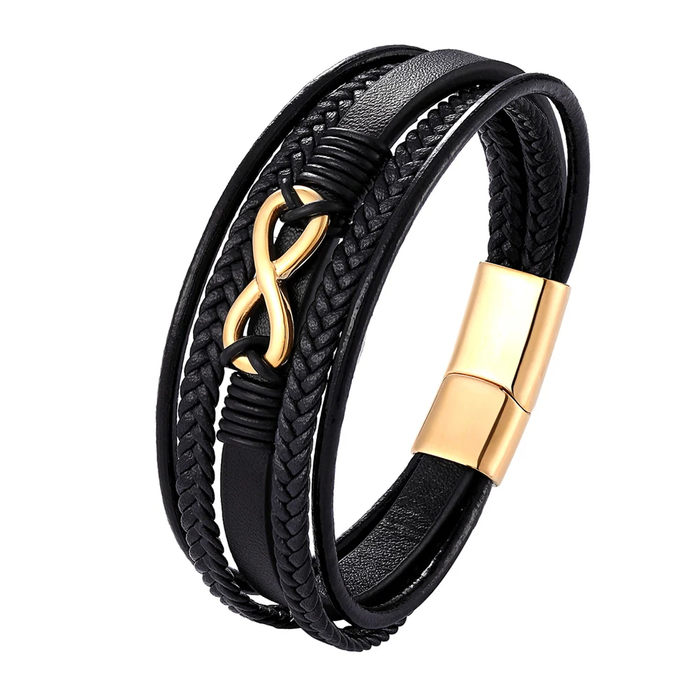 New Fashion Stainless Steel Men Bracelet Magnetic Clasp Braided Mutilayer Leather Bracelet Punk Rock Bangles Man Jewelry Gift