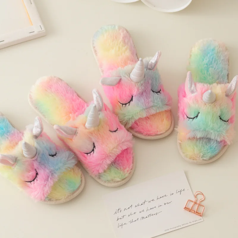 Women Winter Home Slippers Cartoon Unicorn Plush Thicken Shoes Non-slip Soft Winter Warm House Slippers Indoor Bedroom Couples