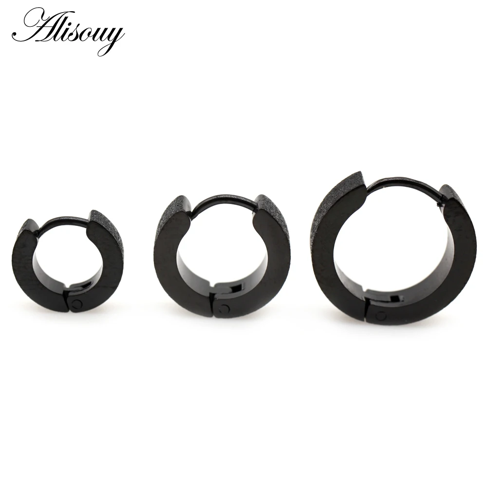 Alisouy 2pcs Punk Frosted Scrub Women Men Small Huggie Ear Earrings Stainless Steel Round Smooth Circle Hoop Earrings Jewelry