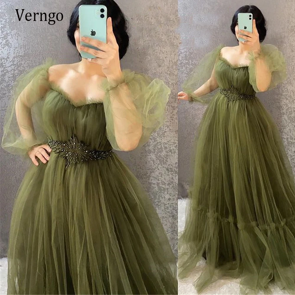 Verngo 2021 Olive Green Tulle Prom Dresses Puff Long Sleeves Sweetheart Diamond Sash Plus Size Gowns Women Red Evening Dress