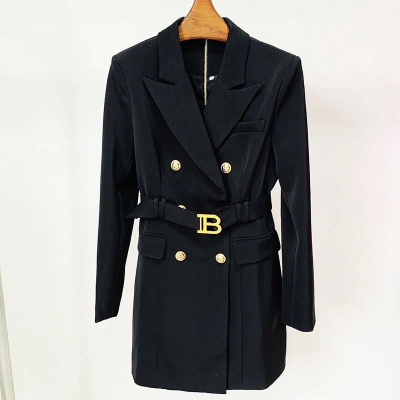 HIGH STREET Fashion 2024 Designer Style Women Long Sleeve Notched Collar Lion Buttons Double Breasted Belted Blazer Dress