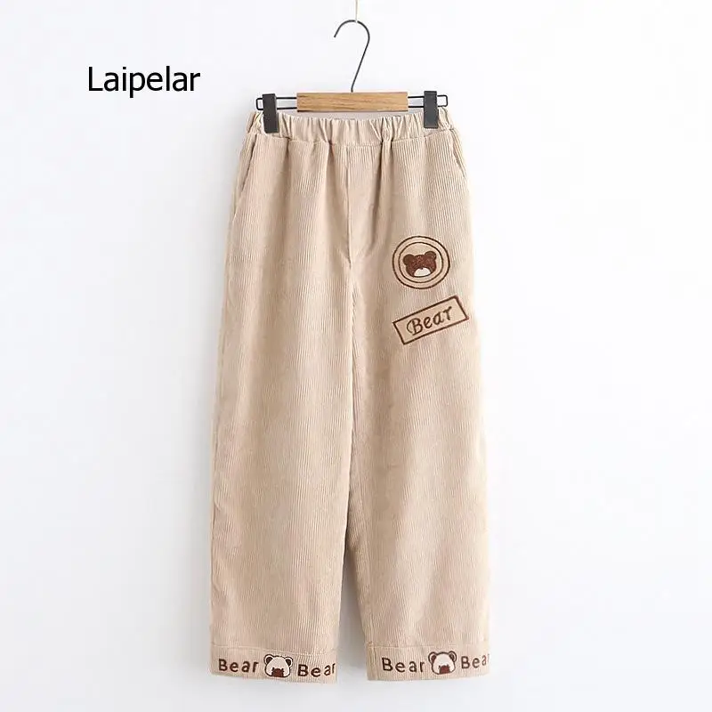 Japanese Autumn Fashoin Preppy Style Women Cartoon Bear Embroidery Corduroy Students Girls Straight Casual Pants