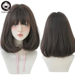 7JHH WIGS Natural Comfortable Synthetic Wig for Women Black Shoulder Straight Hair 14 Inch Fashion Hairstyle Wig