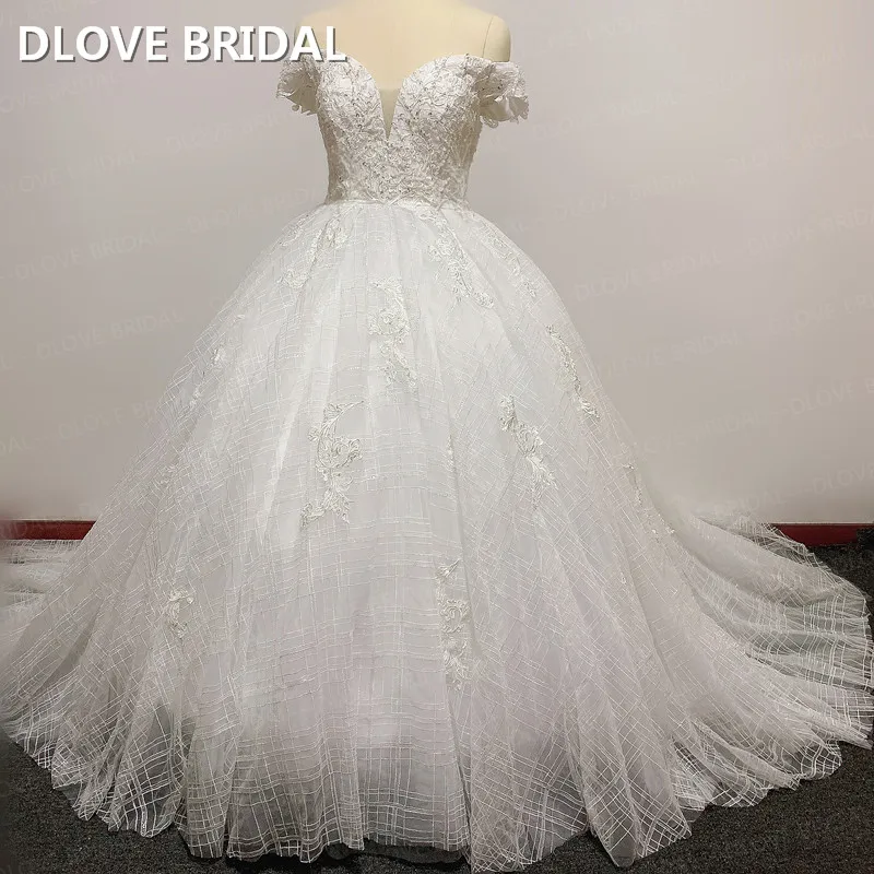 Hoge Kwaliteit Kant Baljurk Trouwjurk Off Shoulder Bruidsjurk Shinny Nieuwe Stijl Jurken Dlove Bridal Real Foto 'S