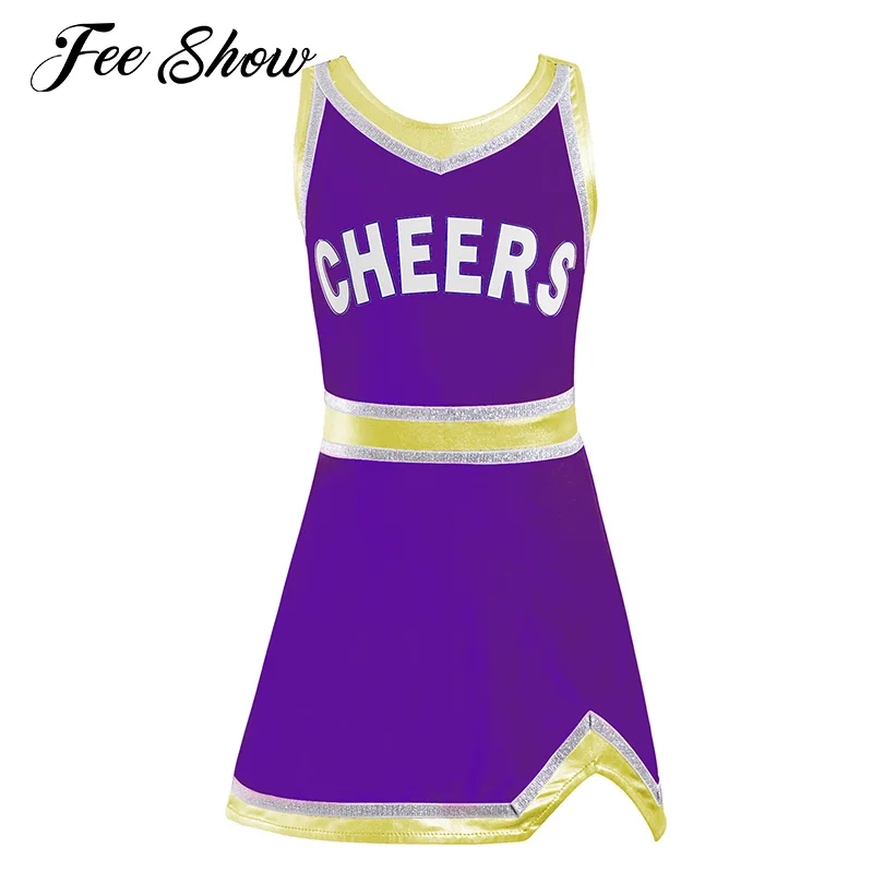 Kids Girls Cheer Leader Uniform Cosplay Modern Dance Dress V Neck Sleeveless Letters Cheers Print High Waist Short Sports Dress