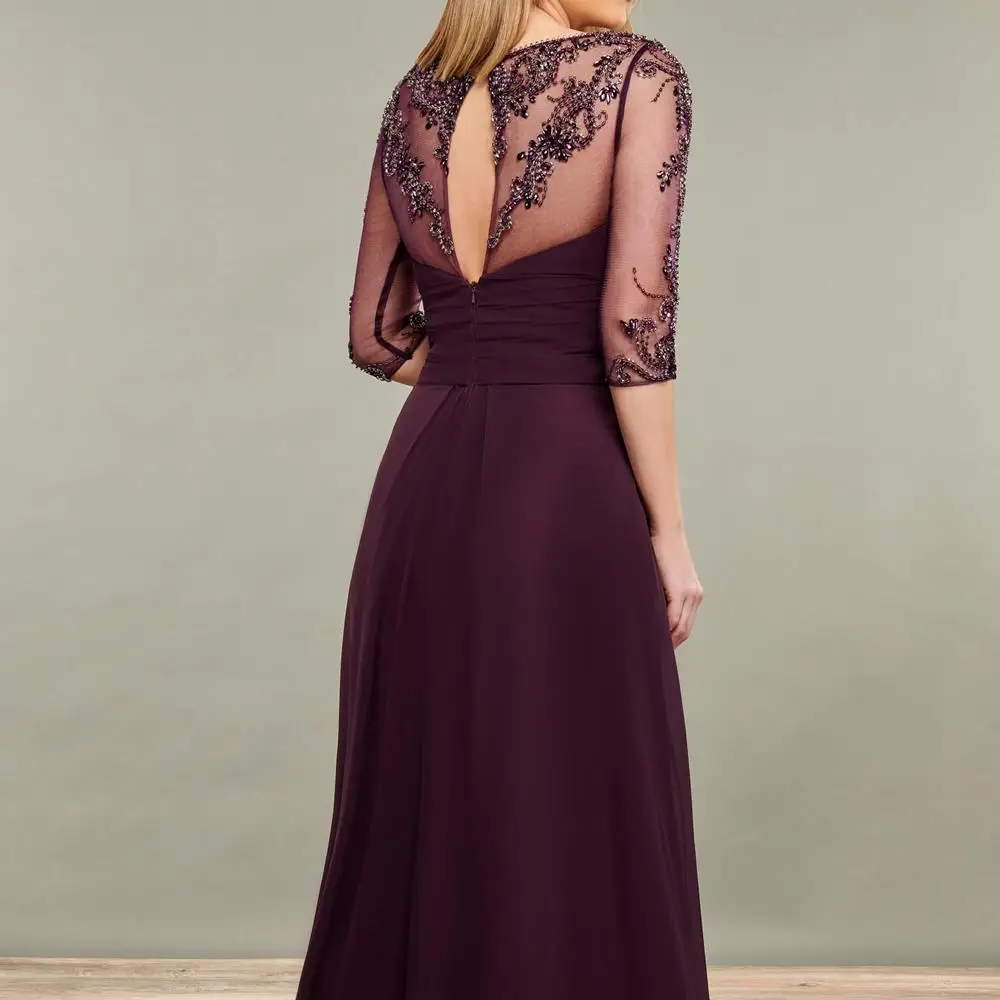 Dark Grape-vestidos de gasa para madre de la novia, vestidos transparentes con mangas con lentejuelas y abalorios, vestido de fiesta, bata de boda