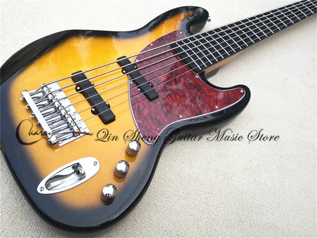 

6 strings bass, sunburst bass, fixed bridge, solid wood body, maple neck, red tortoise shell pickup board