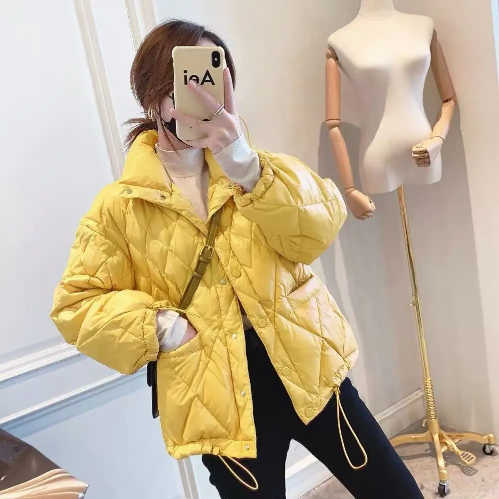 

2023 New Short Down Coats Parka Women Winter Warm Jacket Stand-up Collar Argyle Down Parkas Thin Slim 90% White Duck Down Jacket