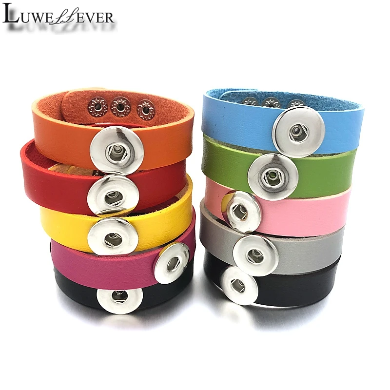 New Candy Colors 186 Real Genuine Leather Retro Fashion Bracelet Fit 12mm 18mm Snap Button Bangle Charm Jewelry For Women Gift