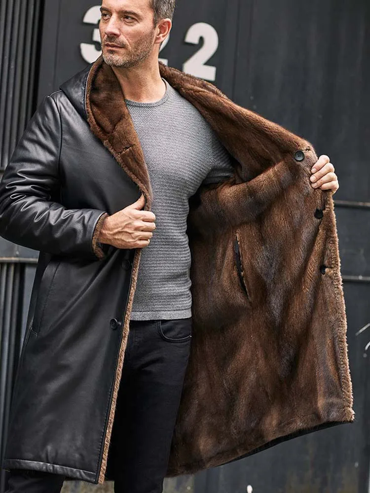 Denny&Dora Double-Sided Mink Fur Coat Long Cowhide Jacket Warm Parkas Hooded Black Leather Overcoat