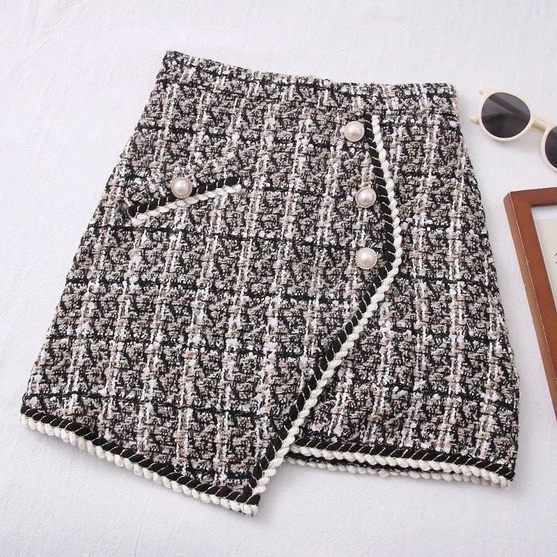 Tweed Skirts for Women Solid High Waist Slimming Skirts Autumn Spring 2021 Buttons Double Breasted Tweed Wool Mini Skirt