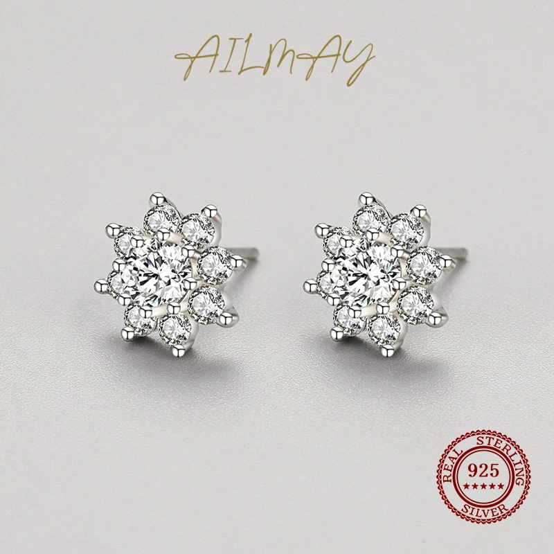 Ailmay Real 925 Sterling Silver Emerald Cut Clear Zircon Charm Sun flower Earrings For Women Wedding Engagement Jewelry Gift