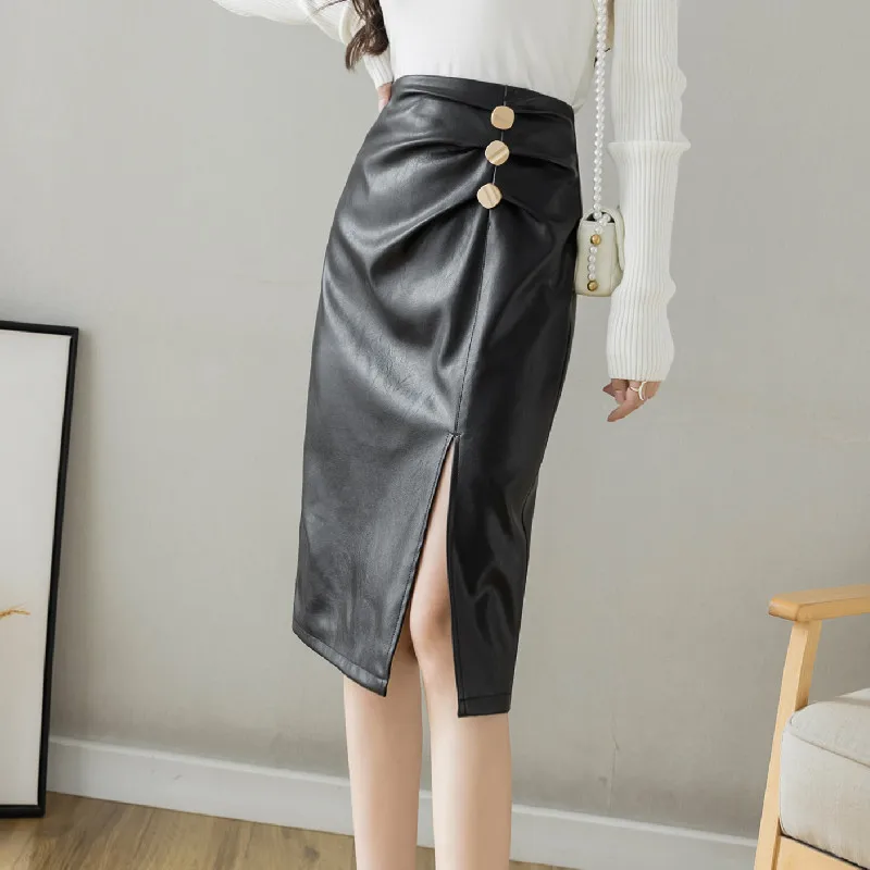 REALEFT 2021 New Buttons Women's Black PU Leather Wrap Skirts Office High Waist Front Split Women's Midi Skirts Female Autumn