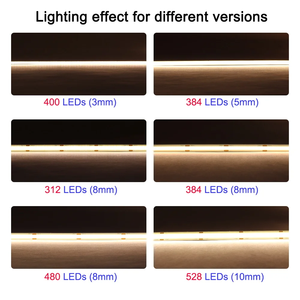 5 Merers 12V 24V COB Taśma LED 3000K 4000K 6000K Ciepły biały kolor 384 480 528 Diody LED 3mm 5mm 8mm 10mm Szerokość CRI 90 FCOB Taśma LED Kuchnia