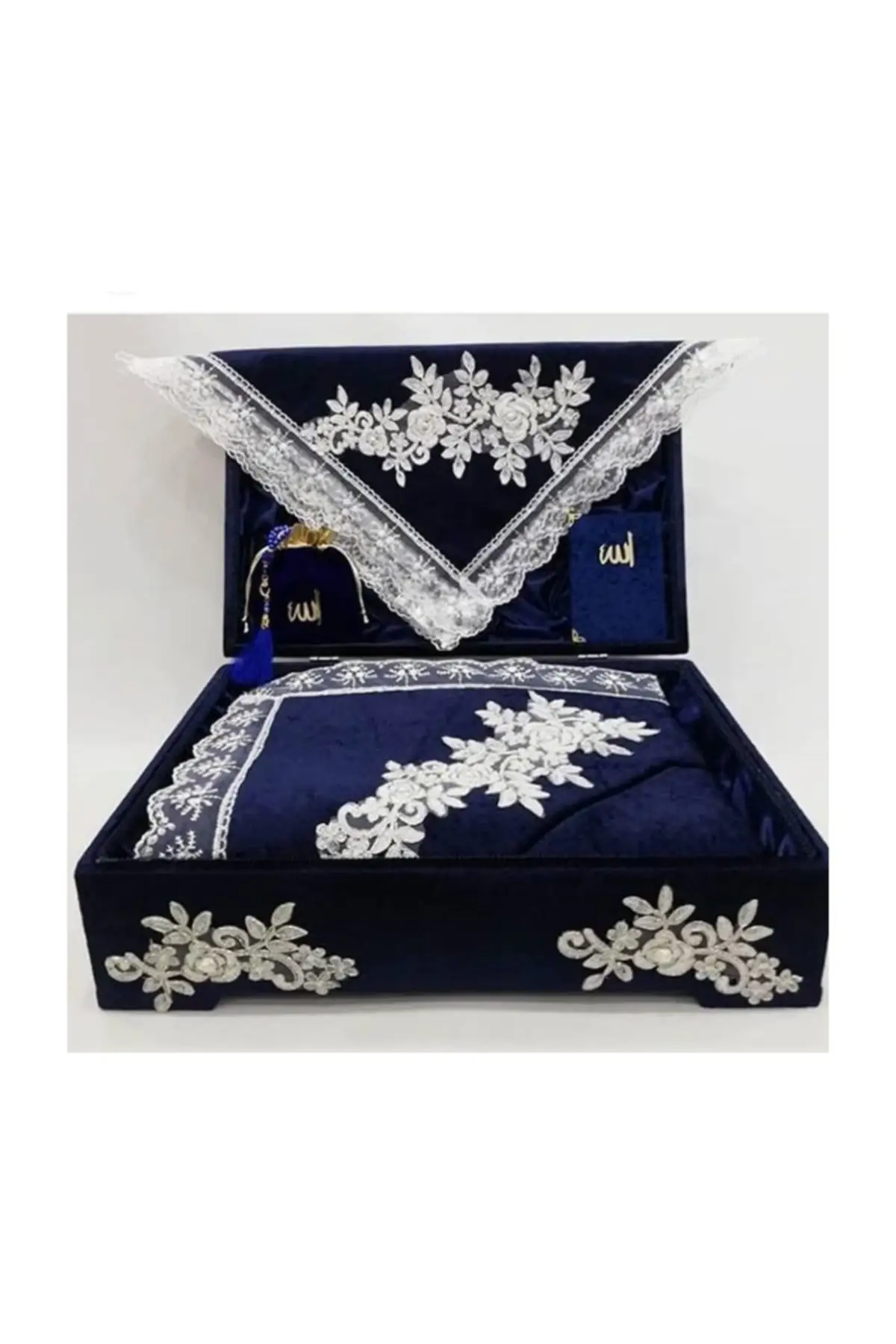 French Filet Lace Coffer Prayer Rug Set Velvet Bundle Set Navy Blue, Navy Blue Bundle Set