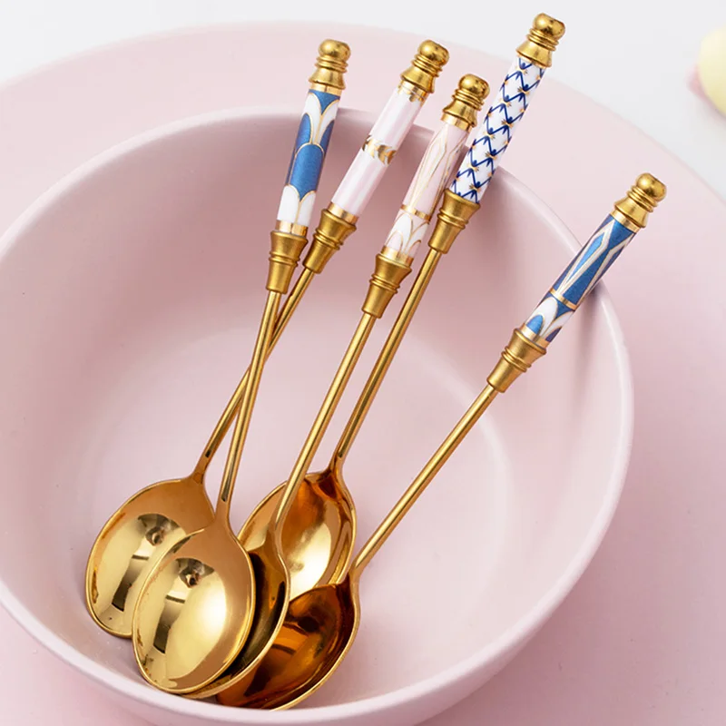 Dessert Tableware Ceramic Handle Stainless Steel Dinner Fork Ceramic Handle Ladle Long Handle Stir Spoon Cutlery 5pcs/set