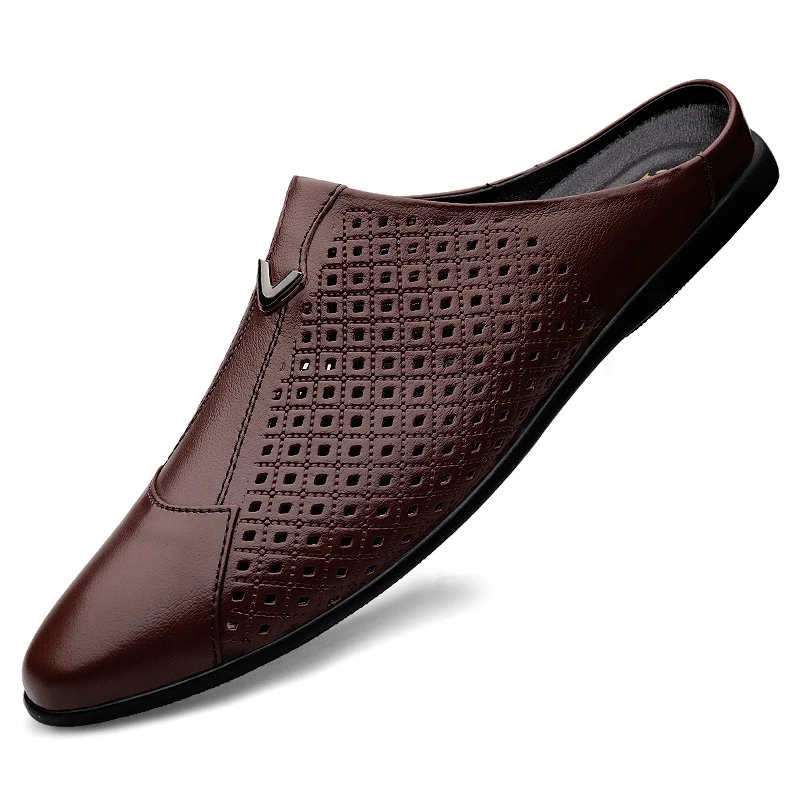 Genuine Leather Men Mules Luxury Half Shoes Casual Slip On Closed Toe Flat Fashion Summer Breathable