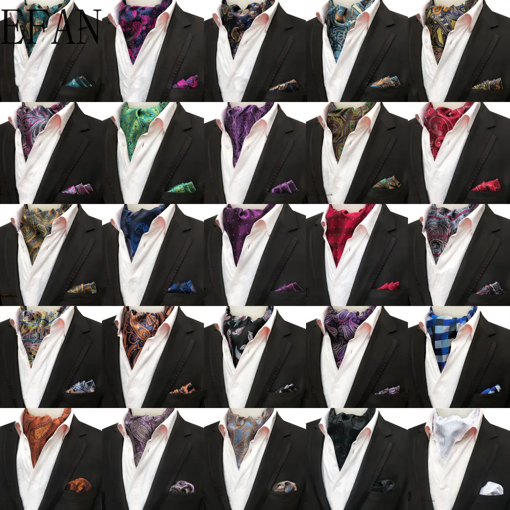 

New Men Luxury Silk Ascot Tie set Man Cravat Ties Handkerchief Sets Floral Paisley Dots Pocket Square Necktie For Wedding Party