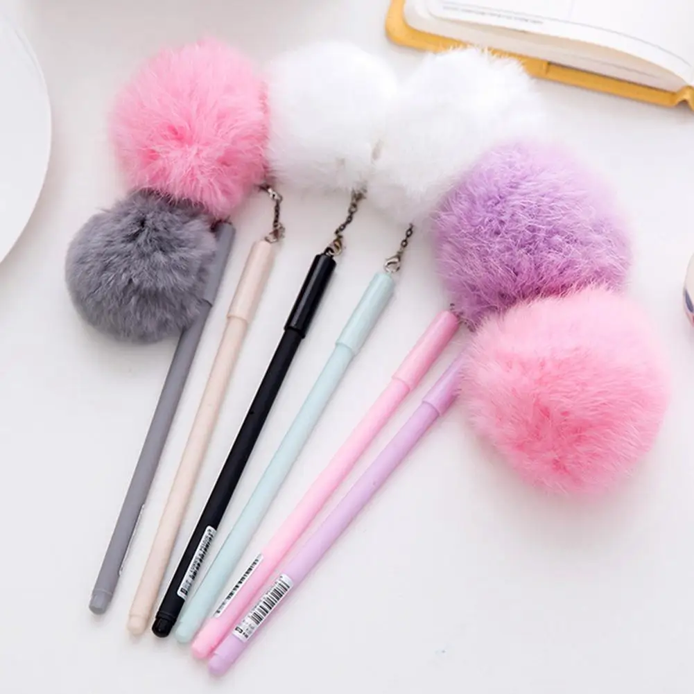 

Gel Ink Pen 0.5mm Black Ink Cute Girl Women Faux Fur Pom Pom Ball Pendant Gel Ink Pen Gift 2020