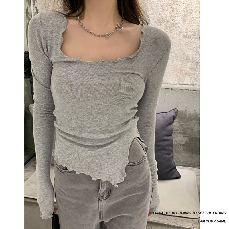 Long Sleeve T-shirts Women Fungus Line Irregular Hem Knitted Slender Autumn Bottoming Tees Chic Fashion Sexy Solid Ulzzang New