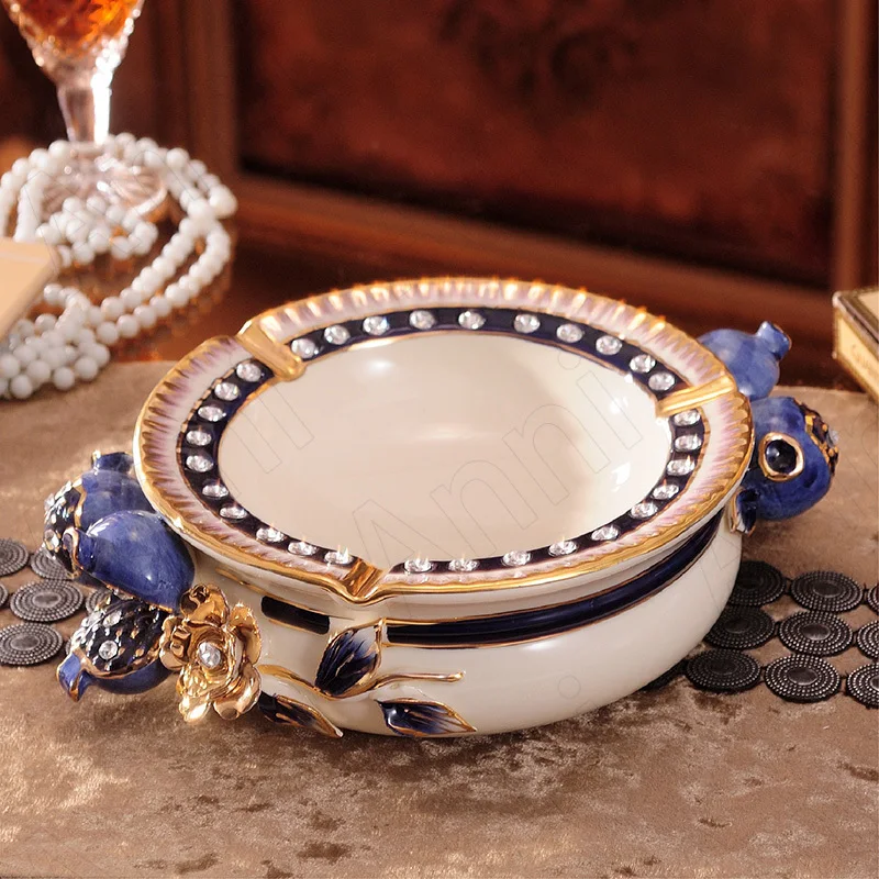 Blue Pomegranate Embossed Ceramic Ashtray European  Golden Flower Classical Decorative Large Ashtrays Living Room Desktop Decor