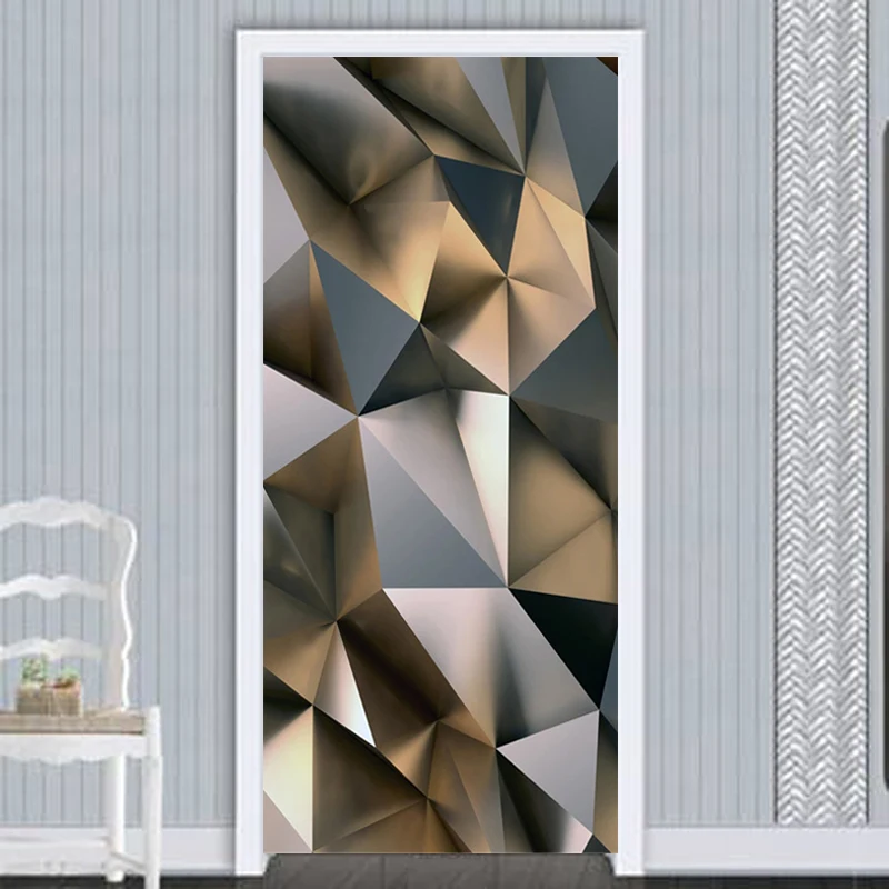 Modern Door Sticker 3D Stereo Abstract Metal Texture Geometric Wallpaper Living Room Study Creative Door Poster PVC Wall Sticker